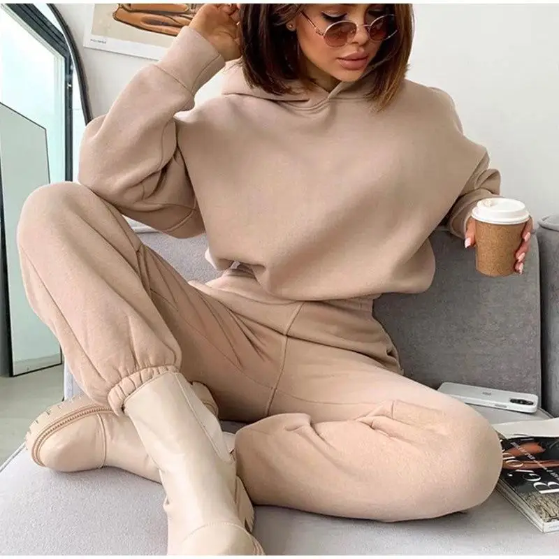 Setelan Sweater Berkerudung Wanita Lengan Panjang Dua Potong Pakaian Fashion Koleksi Musim Gugur Ukuran Dewasa Nyaman Dipakai Santai