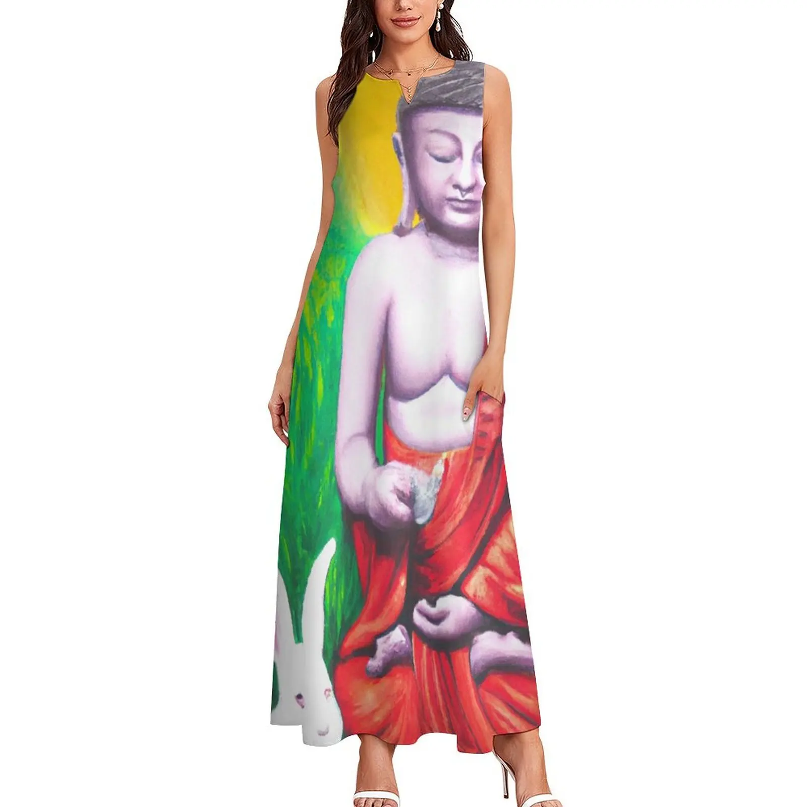 Buddha Meditating With A White Rabbit Long Dress dresses summer womens dress