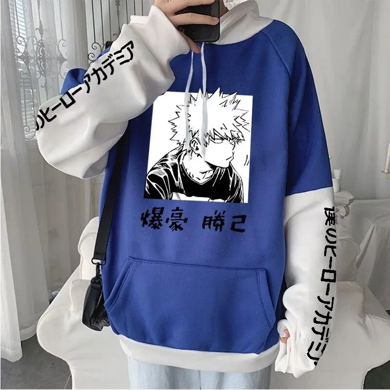 Harajuku Anime My Hero Academia Casual Fleece Hoodies Manga Bakugou Katsuki Women Oversized Patchwork Long Sleeves Sweatshirts