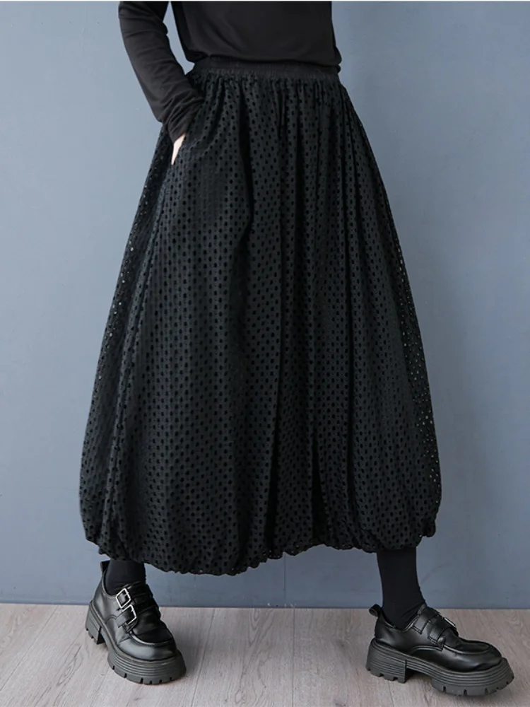 

SMTHMA 2025 New Fashion Spring Autumn Flower Bud Hollow Mesh Lace Skirt Women's Elastic High Waist Black Mid-Length Skirt