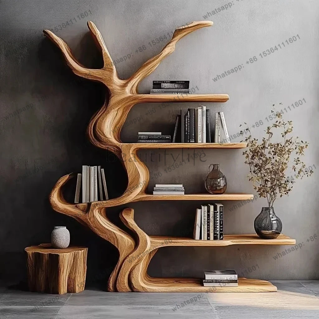 LXSimple and modern tree-shaped bookshelf, solid wood wall full wall display shelf, floor-to-ceiling creative multi-layer shelfS