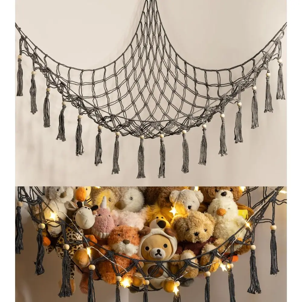 

Stuffed Animal Toy Storage Hammock with LED Light - Macrame Jumbo Doll Corner Stuff Animals Organizer Decorations - Cute Hanging