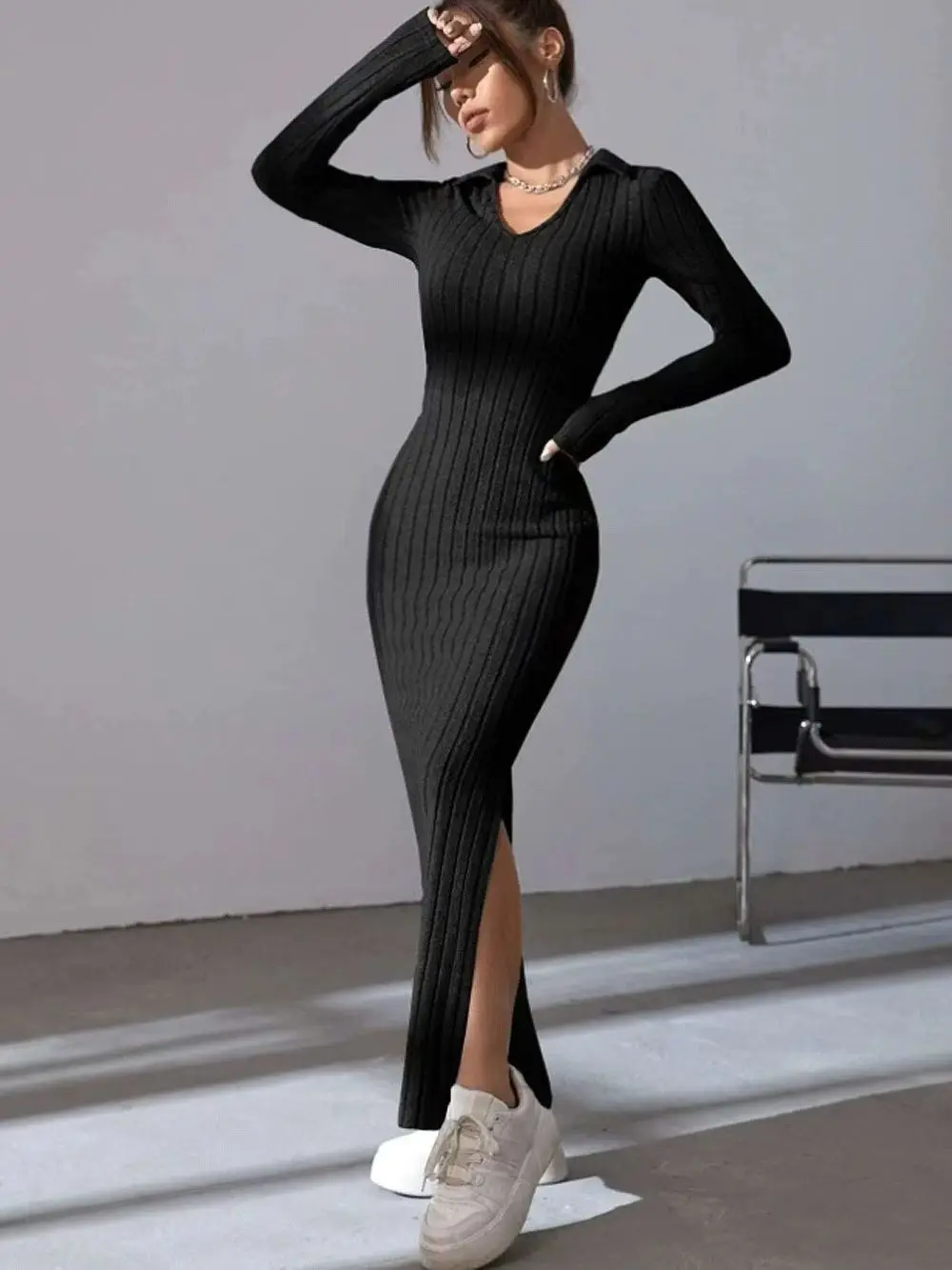 

2025 hip-cover fall and winter,new arrival,long sleeve round neck,slit knitting long dress for women