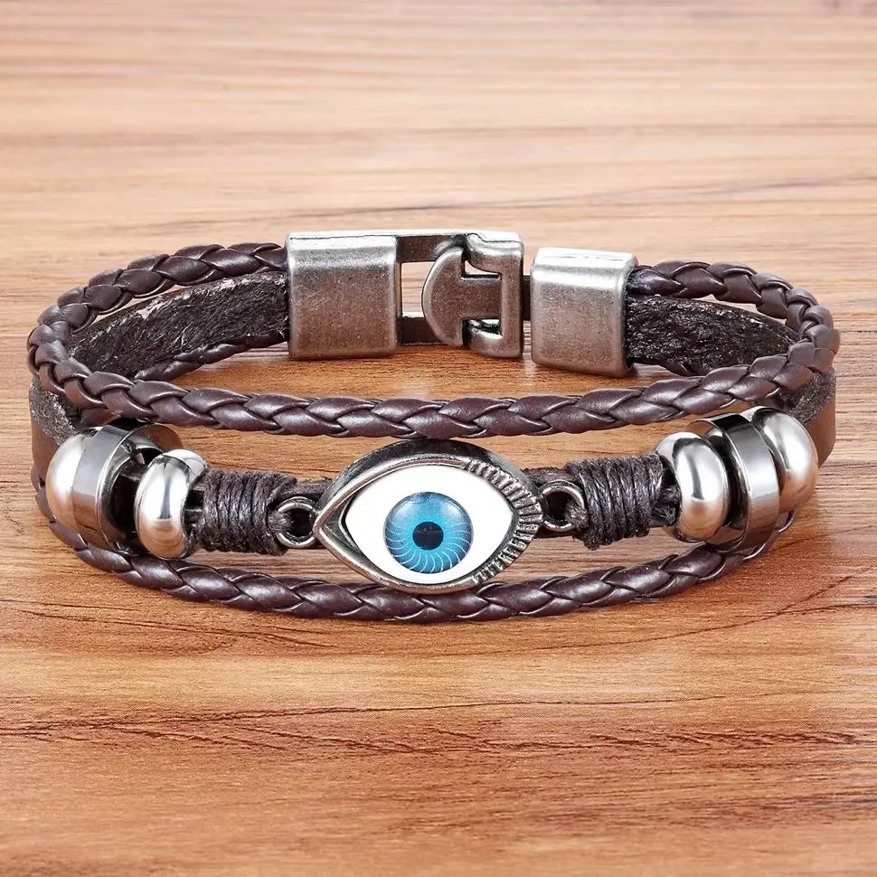 XQNI-Pulseira turca de mau-olhado para homens, vintage, multicamadas, pulseiras trançadas de couro, fivela de olho azul, joias