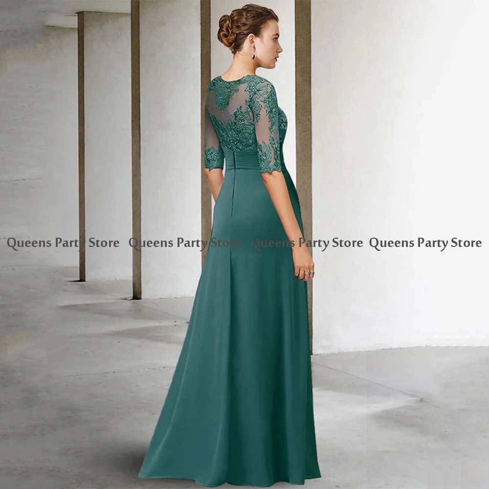 Green Mother of The Bride Dresses for Weddings Customized Half Sleeves Scoop Applique Floor Length Chiffon Wedding Guest Gown