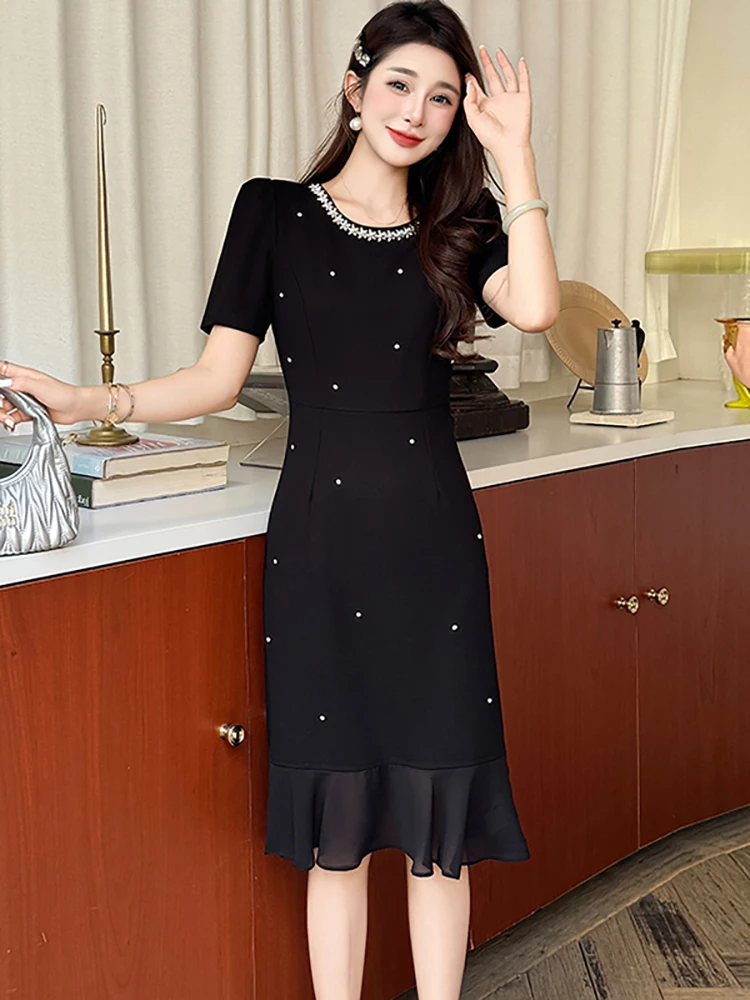 

Женское корейское винтажное роскошное праздничное платье, летнее черное лоскутное платье в горошек с рюшами, 2025 г., элегантное вечернее платье с бриллиантами