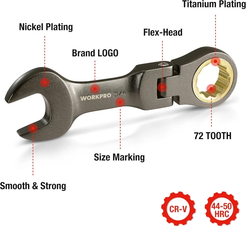 Juego de llaves de trinquete rechonchas con cabeza flexible de 8 piezas, SAE 5/16-3/4 pulgadas, 72 dientes, niquelado con bolsa rodante