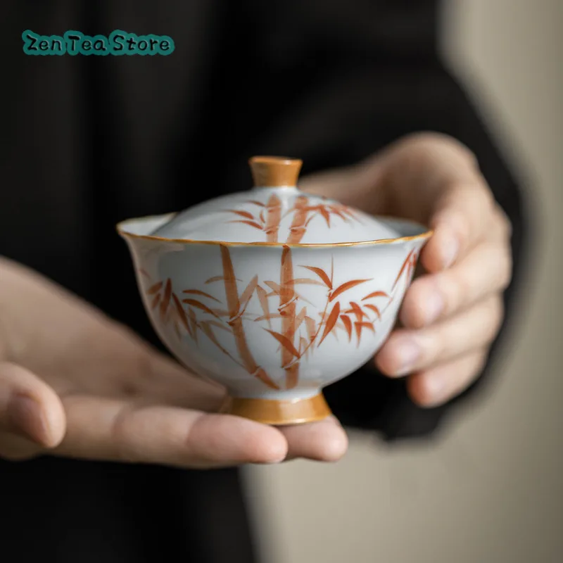 Hand-painted Red Bamboo Flower Mouth Cover Bowl, Painted Bamboo Tea Bowl With Ceramic Circle Foot Under Glaze