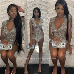 Sexy Silver Short Cocktail Dresses For Black Girls Gorgeous Diamante Beaded Birthday Party Red Carpet Dresses vestidos de gala