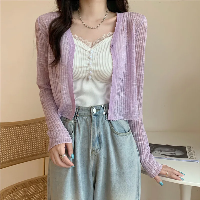 Sunscreen Cardigan Thin Women Ice Silk Knitted Tees Perspective Long Sleeve Top Overlay Simple Casual Slim Fashion Vneck T-shirt