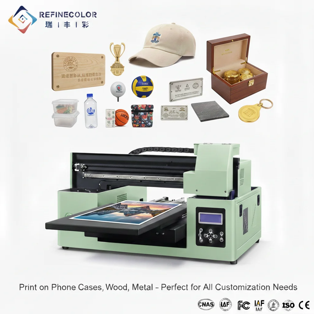 Refinecolor Desktop Digital Embossed A3 UV Flatbed Printer Metal Wood Acrylic Pens Golf Balls Phone Case Inkjet Printing Machine