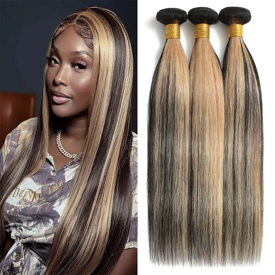 100% Raw Brazilian Virgin Hair Bone Straight 3 Bundles Highlight Piano Color Blond Mix Ombre Bone Silky Straight Hair Extensions