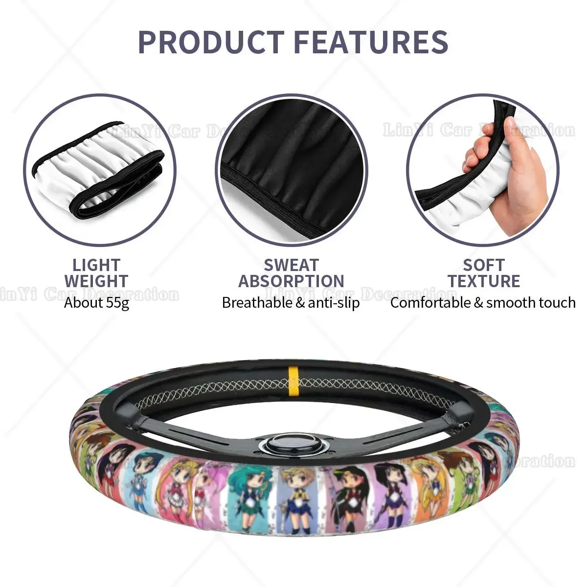 Moon Girl Anime Car Steering Wheel Cover Universal 15 In Elastic Cartoon Collage Suitable Car-styling Steering-Wheel Accessories