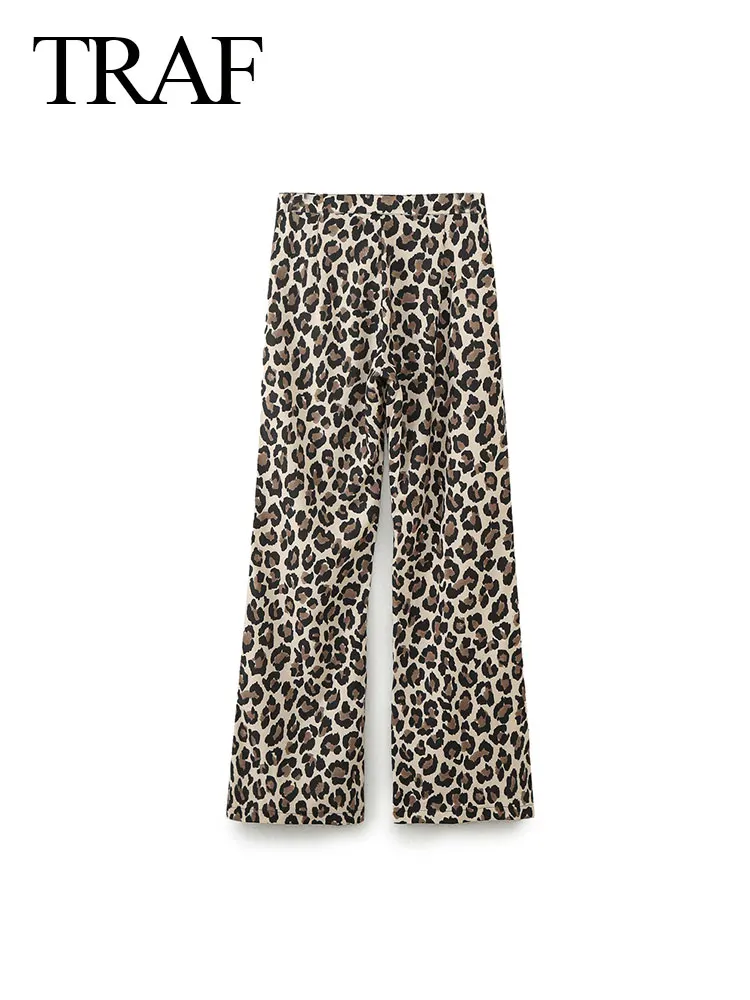 TRAF-Pantalones largos de cintura alta con estampado de leopardo para mujer, pantalón informal versátil de pierna recta, Estilo Vintage, moda de primavera, 2024