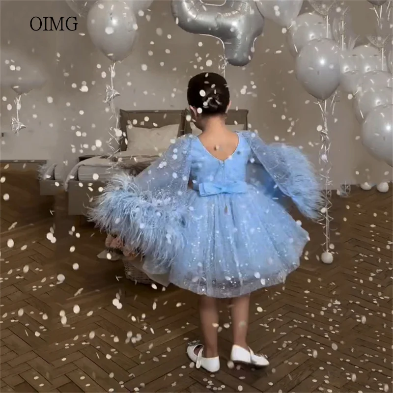 

OIMG Blue O Neck A Line Flower Girl Dresses Feather Sequined Sleeves Wedding Party Dress Knee Length Birthday Dress Customized