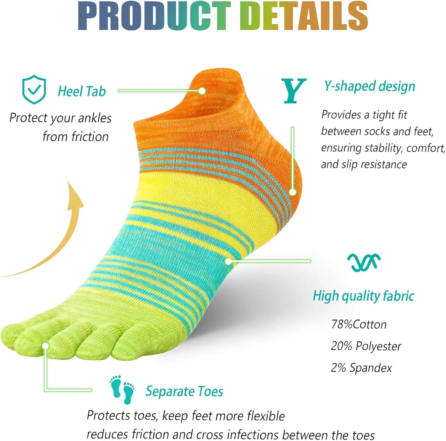 Toe Socks Cotton Athletic Running Five Finger Ankle Socks, Arch Suppor(3 Pairs)