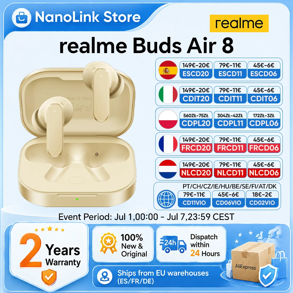 realme Buds Air 8 Auricolari Bluetooth per realme 16 Pro Plus realme GT 8 Pro con Assistente AI, 55dB, 58 Ore di Autonomia, Novità