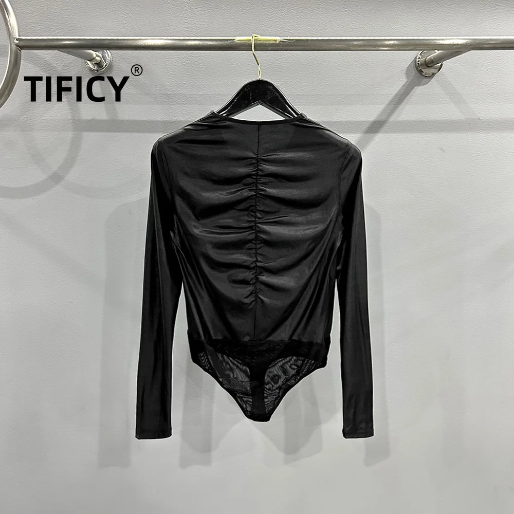 TIFICY High Street Fashion Women's Jumpsuit Spring/Summer Metal Coated Fabric Personalized Black Slim Fit One Piece Bodysuit Top