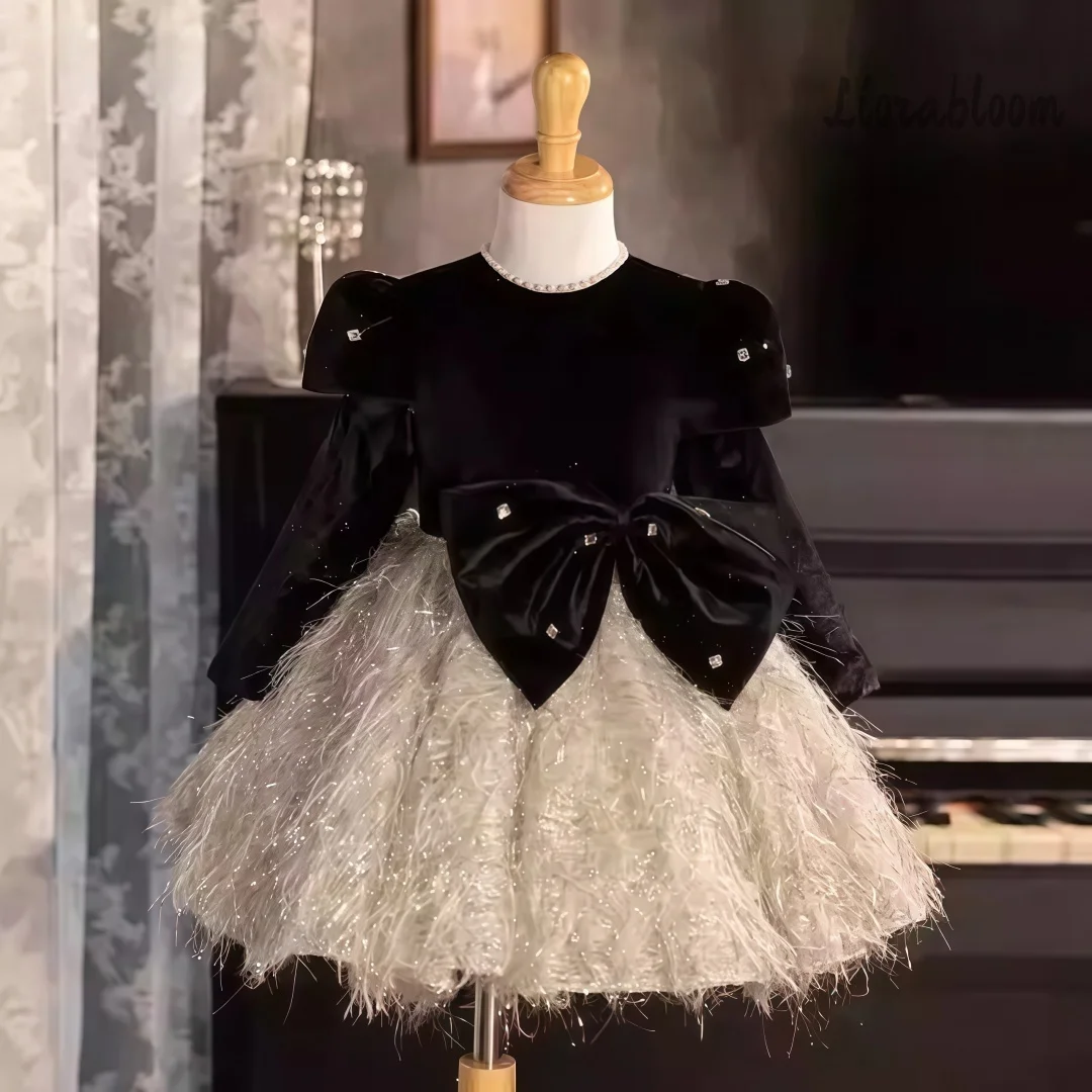 

Girls' Feather Trimmed Formal Dress Long-Sleeve Fluffy Skirt Flower Girl Dress Party Dress Princess Dress Elegant Girls' Dress