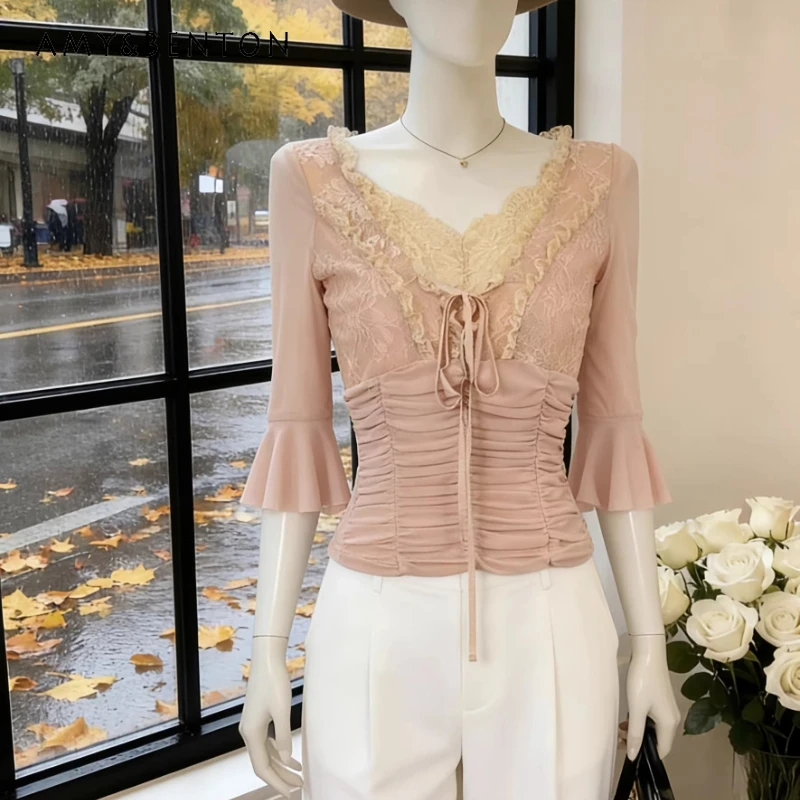 French Design Lace Splicing Women's Shirt 2026 Spring Summer New Horn Sleeve Lace-up Temperament Thin Versatile Blouses Ladies