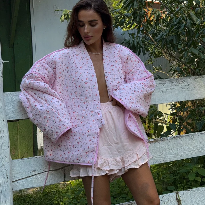 الحلو الأزهار طباعة المرأة القطن معاطف Y الرقبة الدانتيل يصل كم طويل فضفاض سترة دافئة موضة السيدات عادية التنقل ملابس خارجية