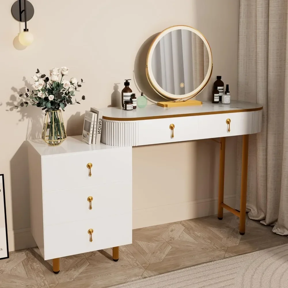 Dressing table with circular mirror and storage space, 5 drawers and 3 lighting modes, white