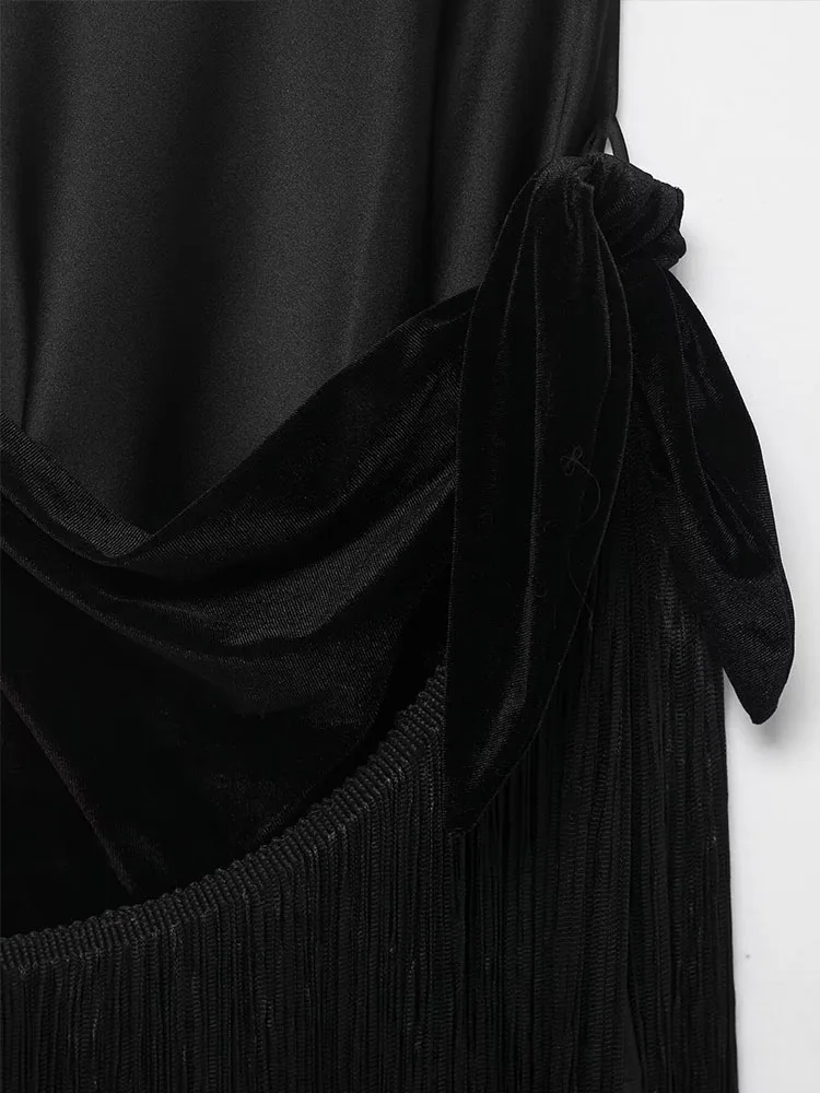HH Frauen Mode Fransen Samt Patchwork Party Langes Kleid Weibliche Elegante Schwarze Abendkleid Sexy Ärmelloses Hosenträger Kleid
