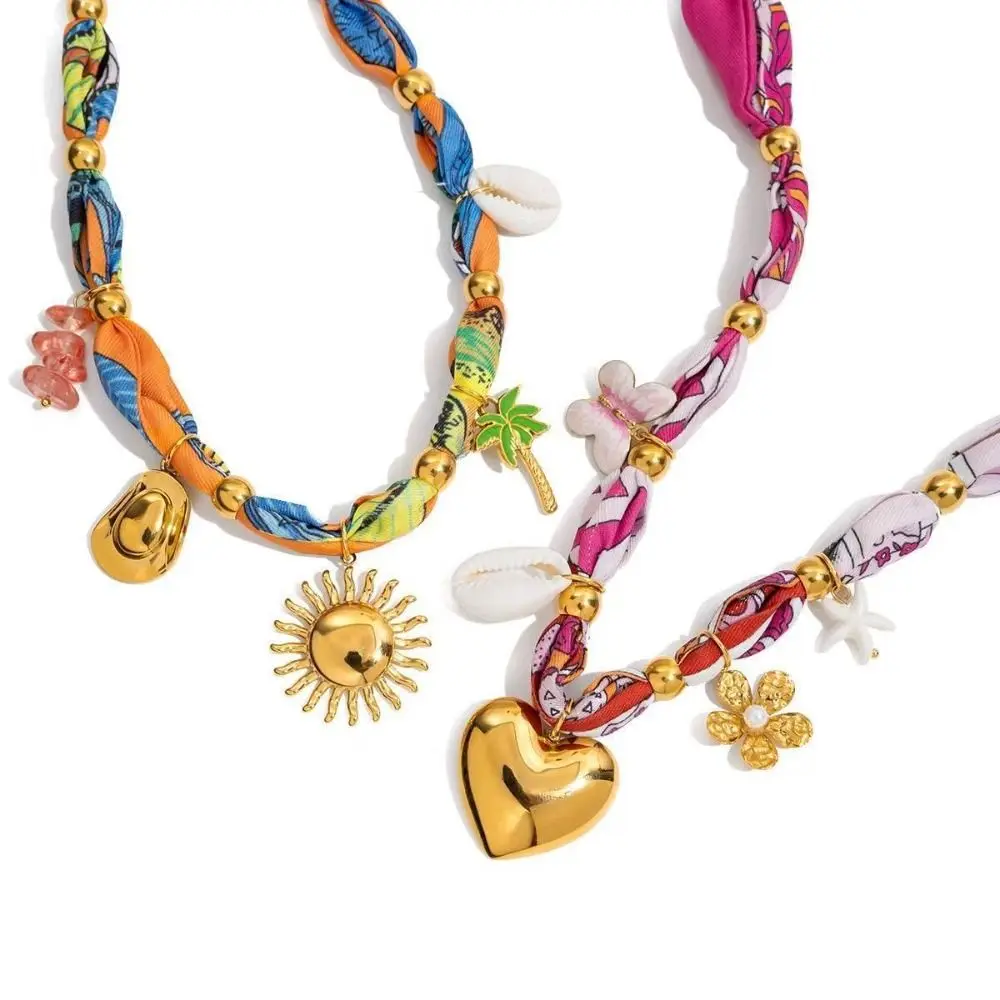

Titanium Steel Scarf Necklace Multi-charm Oil Drop Pendant Ribbon Necklace Heart Sun Decoration Resort Style Necklace