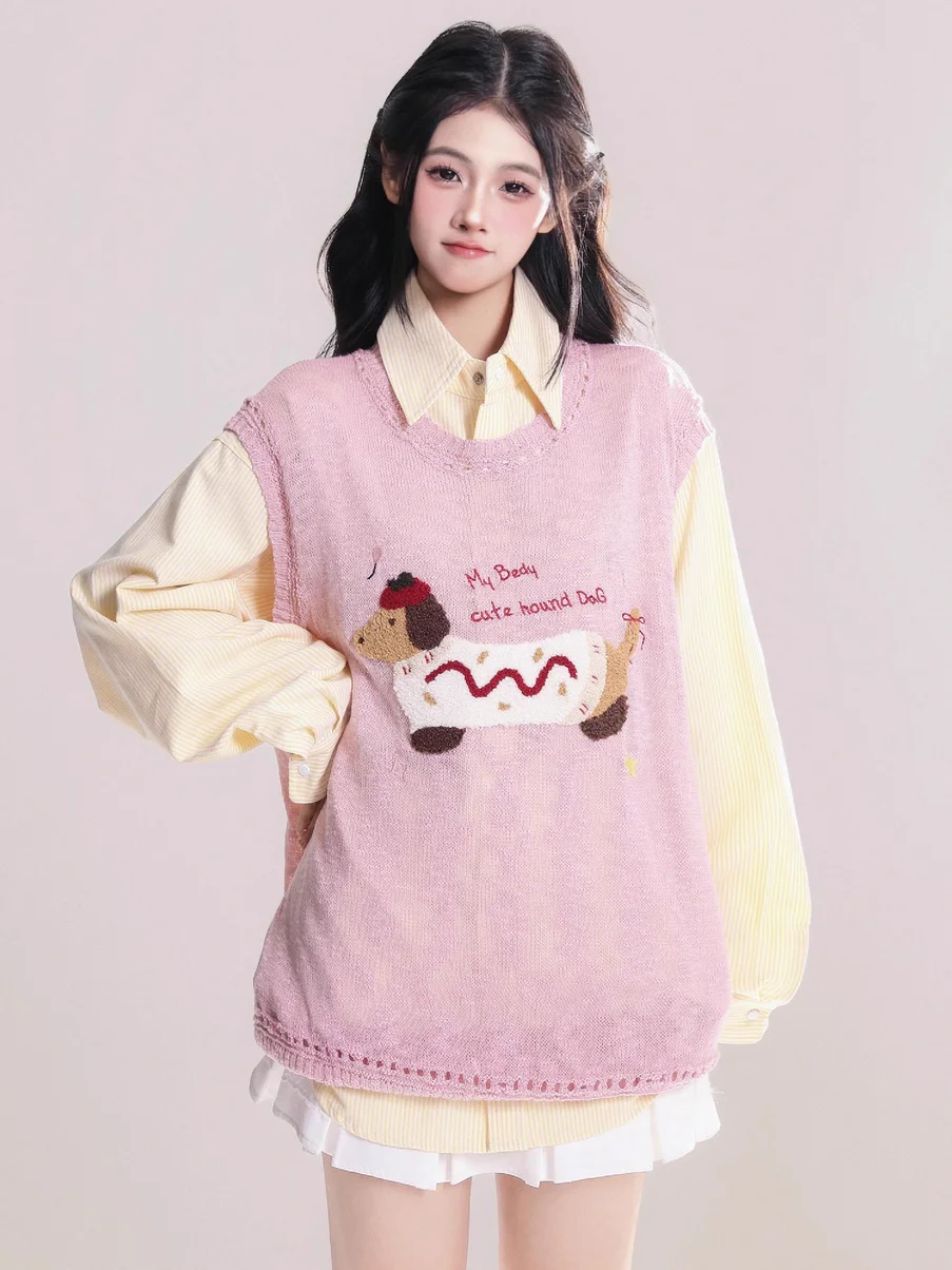 Campus Sweet Pink Cute Preppy Aesthetic Women Knit Sweater Vest Cartoon Dog Jacquard Sleeveless Loose Fall Layering Waistcoat