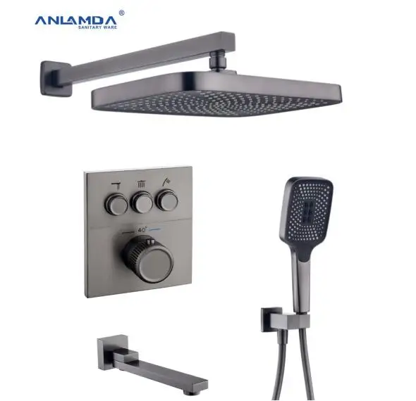 

Luxury Wall Mounted Gun Gray High Pressure Thermostatic Rain Concealed Bathroom Shower Faucet Shower Mixer Set