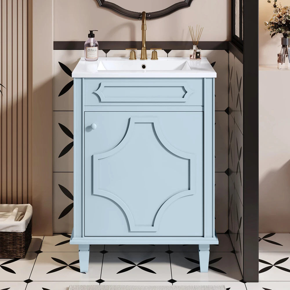 24'' Bathroom Vanity with Ceramic Sink Combo, Modern Freestanding Storage Cabinet  with Height Adjustable Shelf,  Soft Closing