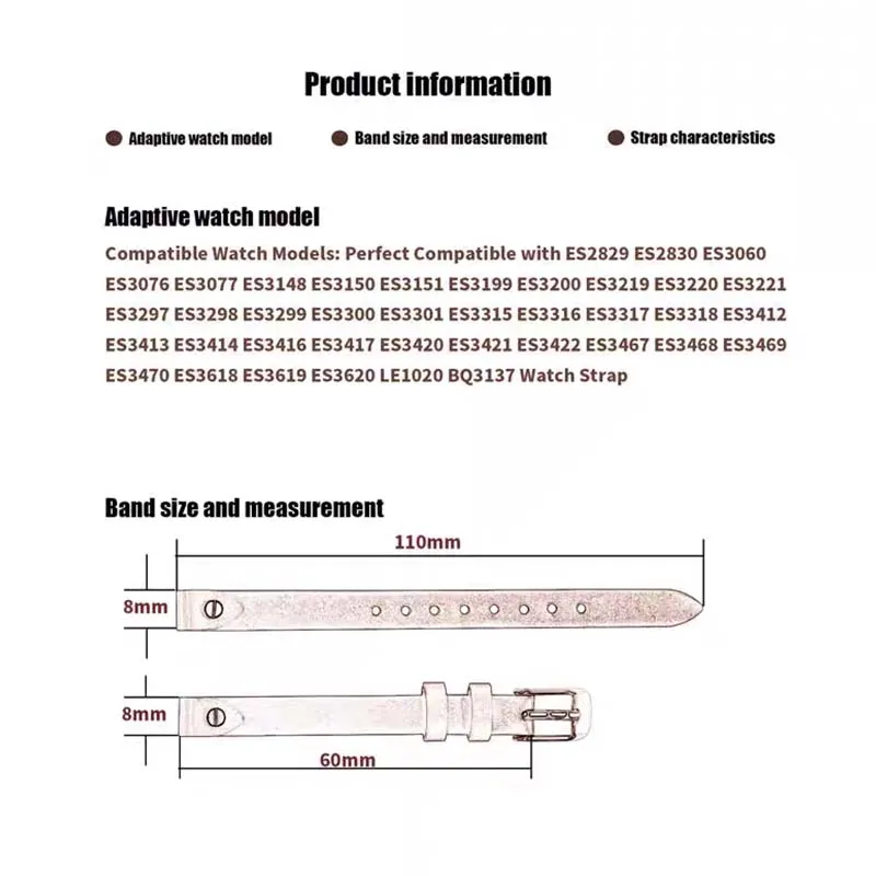 إكسسوارات حزام ساعة جلدية للرجال متوافقة مع الأحفوري ES4119 ES4000 ES4114 ES3625 سوار معصم رياضي ذكي للنساء 8 مللي متر
