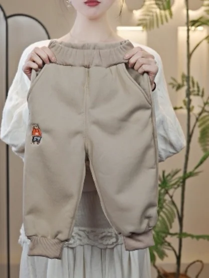 

Thiened Fce на подкладке, повседневные удобные зимние брюки для мальчиков и девочек, прямые длинные брюки с высокой талией, корейский сле