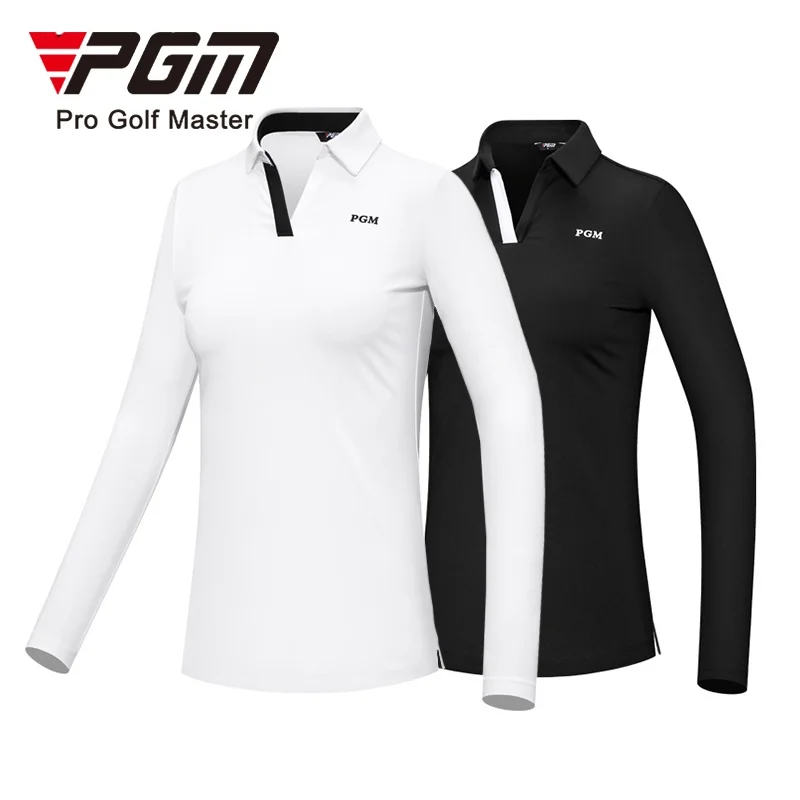 

PGM Golf Wear for Women Top Outdoor Sportswear V-neck Soft Comfortable Long Sleeved Polo Shirt with Slit Hem Design