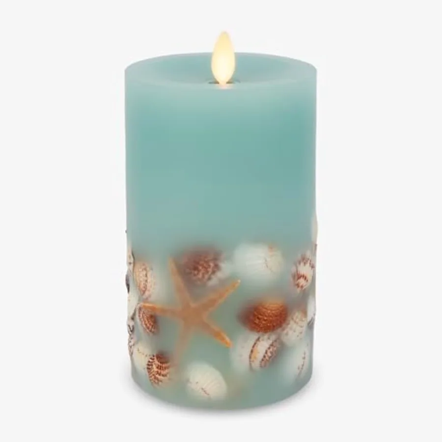 Flameless LED Candle Soft Embedded Seashell and Starfish Moving Flame Pillar Unscented Real Wax with Recessed Edge, Timer