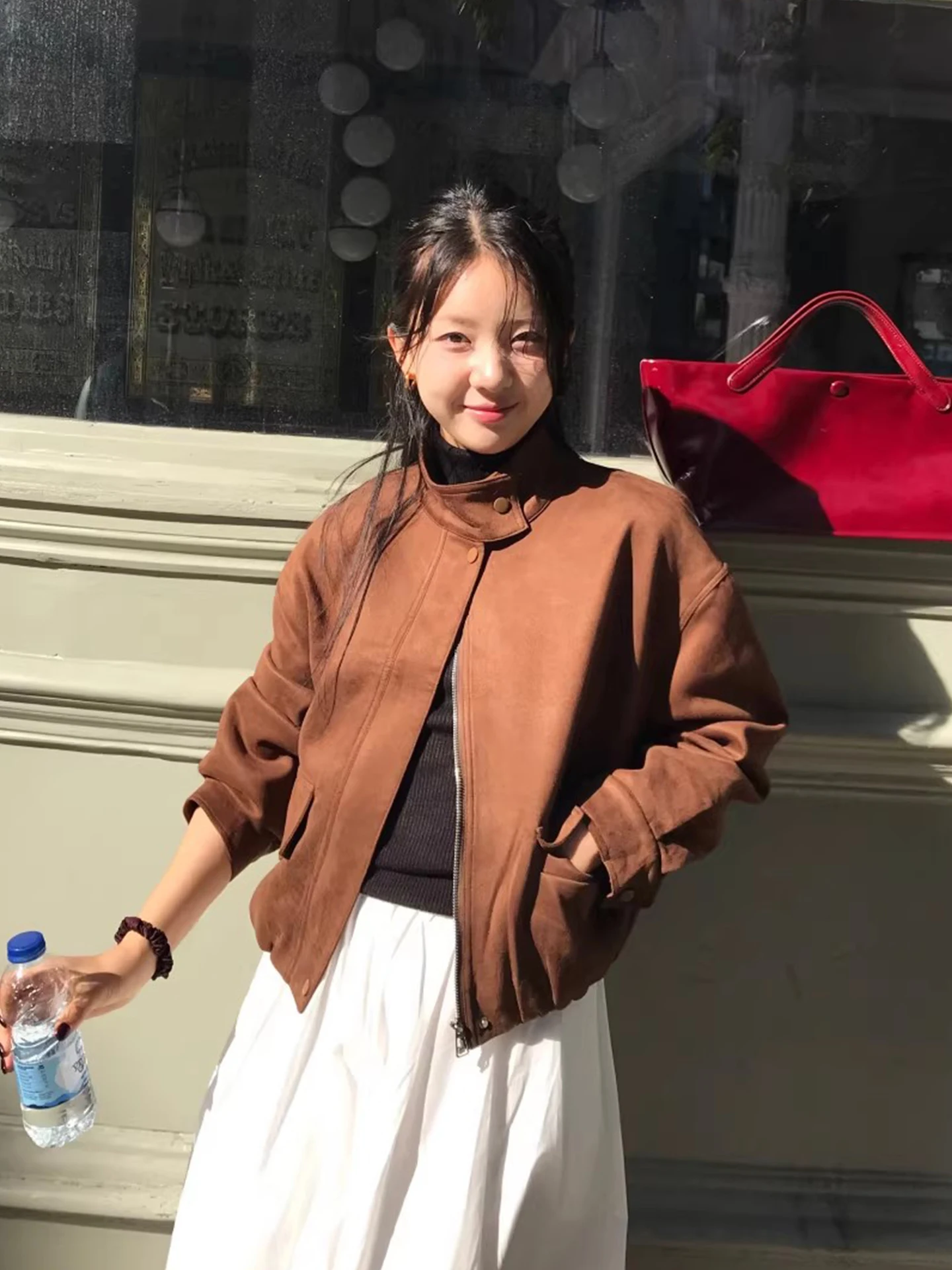 

Chic Spring New Sle ort Suede Jaet Zipper Collar Women's Outerwear Casual Commute Sle Polyester Fiber Ladies Coat