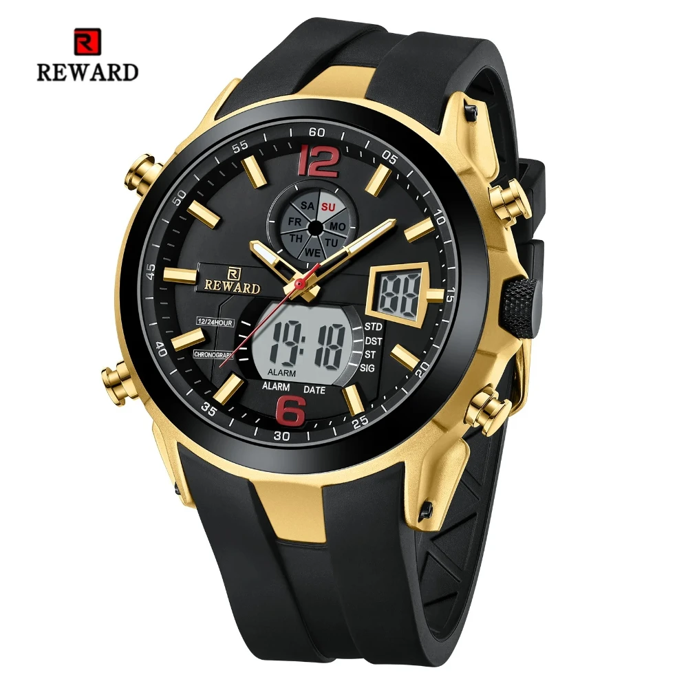 

REWARD 83254 Men Dual Display Quartz Watch Multi Functional Electronic Date Stopwatch Silicone Strap Fashion Digital Watch Men's