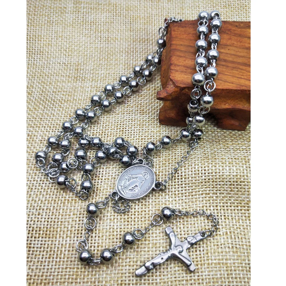 CR019 6mm Bead Catholic Rosary Necklace Stainless Steel Cross Pendant Men Women Religious Jewelry