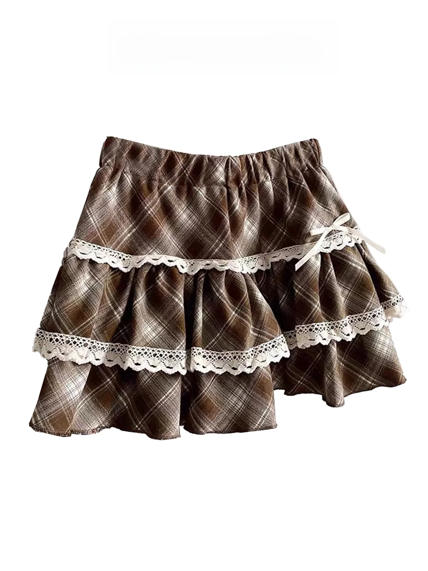 

Sweet Retro Skirt for Women High Waist Pleated Lace Knot Cake Skirt Plaid Floing Spring Autumn Small Size