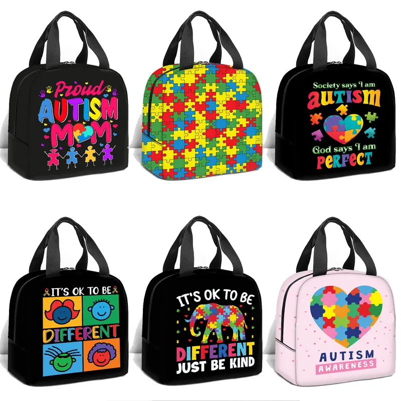 Autism Awareness Pattern Lunch Bag Autism Teenager Lunch Box Love Needs No Words Picnic Supplies Bag Bottle Food Storage Bag