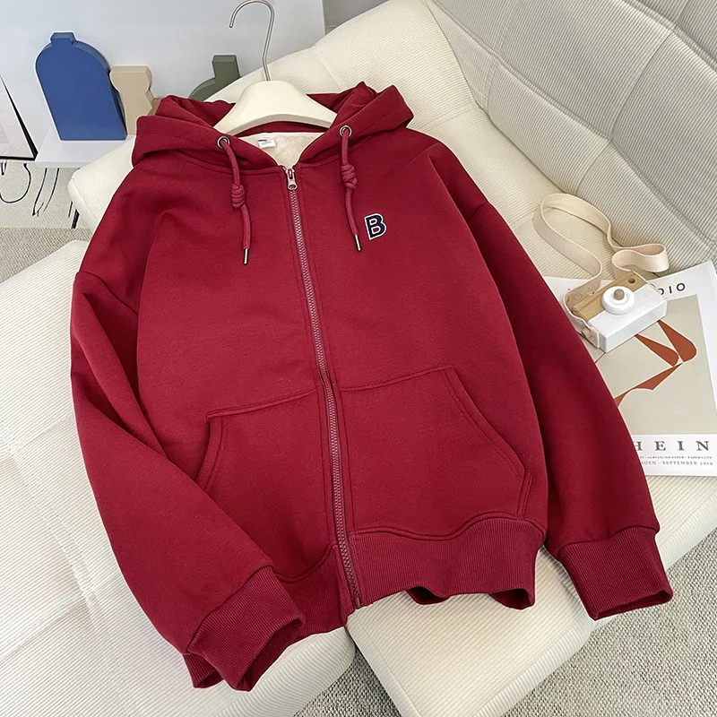 Padded Thickened Hooded Lamb's Wool Sweater Women's Fall and Winter Couple Models Loose Warm Long-sleeved Cardigan Zipper Jacket