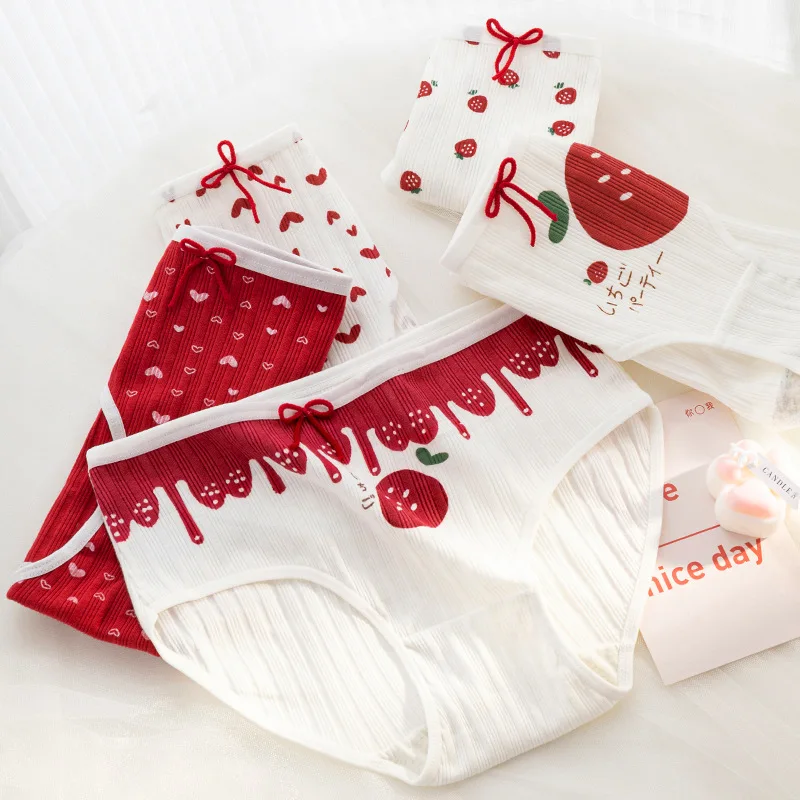Conjunto de 5 bragas de algodón para mujer, ropa interior con estampado de fresa, bragas rojas de cintura media para niñas, lencería suave y transpirable