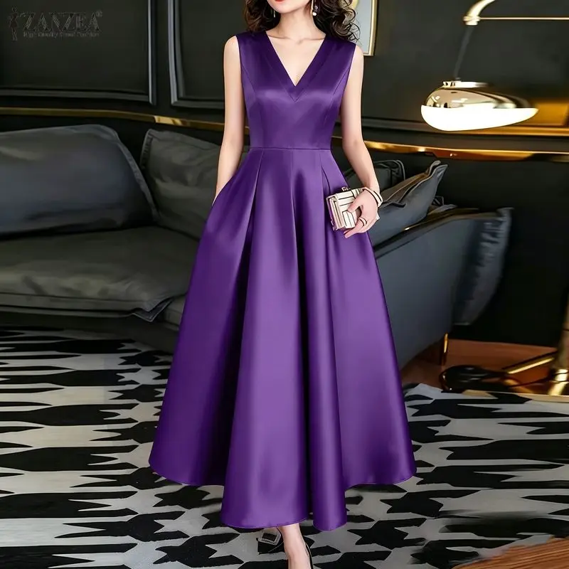 2026 Elegantes V-Ausschnitt Partykleid ZANZEA Stilvolles Damen Satin Maxikleid Sommer Ärmelloses Tank-Kleid A-Linie Tailliertes Arbeitskleid