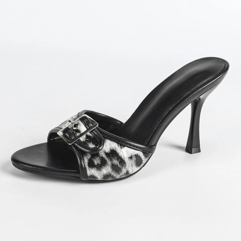 

Metal Belt Buckle Fashion Heeled Slippers Women Open Toe Leopard Slide Female Vacation Thin Heels Beach Sandals Zapatos De Mujer