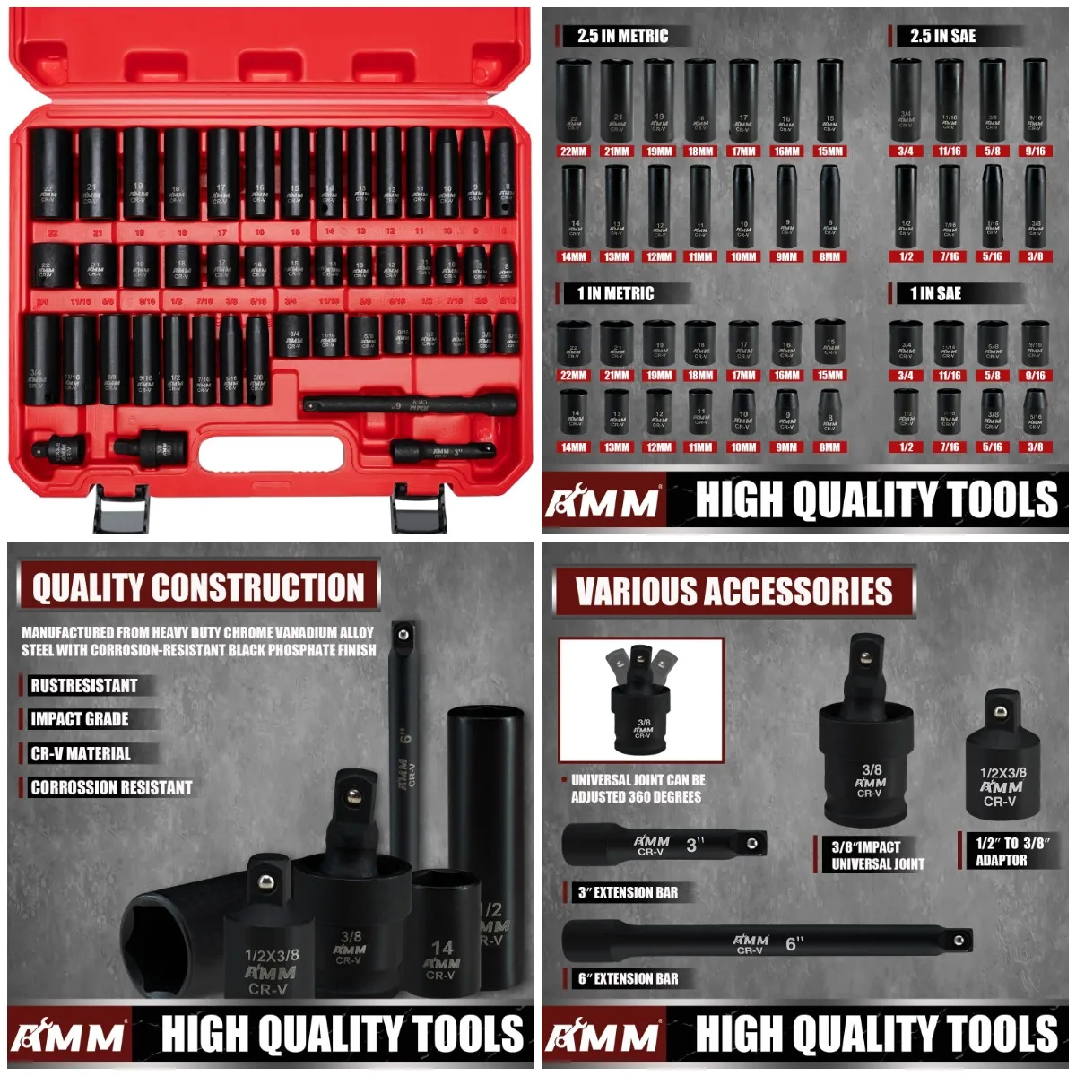 

3/8' Drive Impact Socket Set, 48-Piece SAE & Metric, 3' & 6' Extensions, Universal Joint, Adapter, CR-V