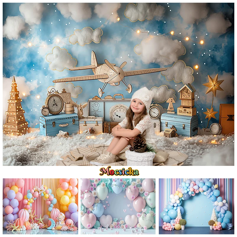 Happy Birthday Backdrop For Photography Aircraft Colored Balloon Gate Bear Fish Baby Shower Background Decoration Photo Studio