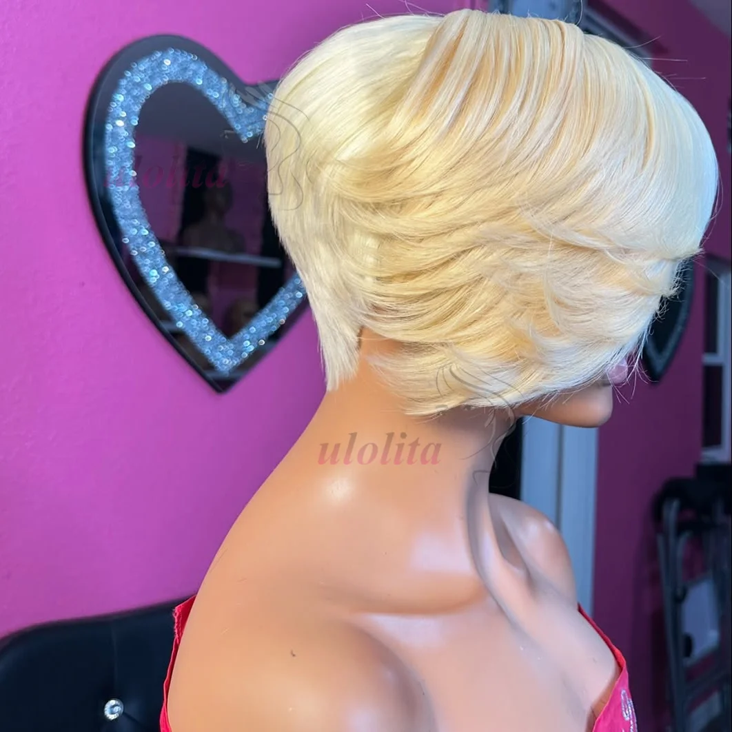 Pixie Cut Perücke Brasilianisches 613 Blondes Glattes Haar mit Seitenscheitel 13x4 Kurzer Bob HD Transparente Lace Front Echthaarperücke für Frauen – Detail 6