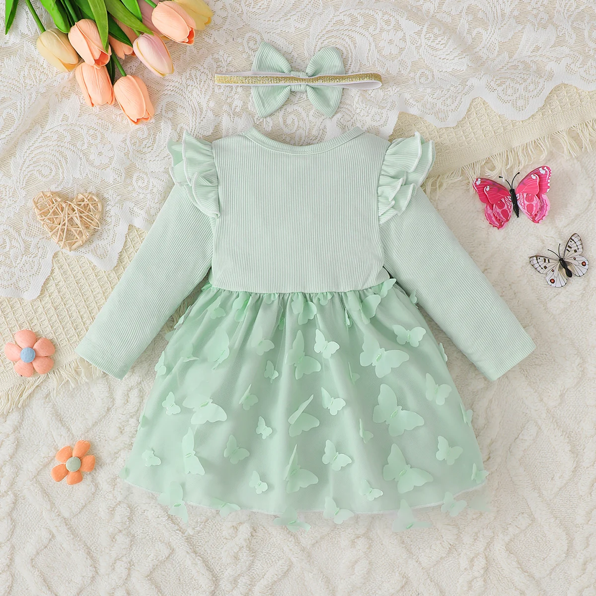 فساتين الأميرات للفتيات الصغيرات من عمر 0 إلى 3 سنوات فستان منتفخ شبكي بأكمام طويلة أخضر فاتح مع فراشة ثلاثية الأبعاد لزي حفلات الربيع والخريف