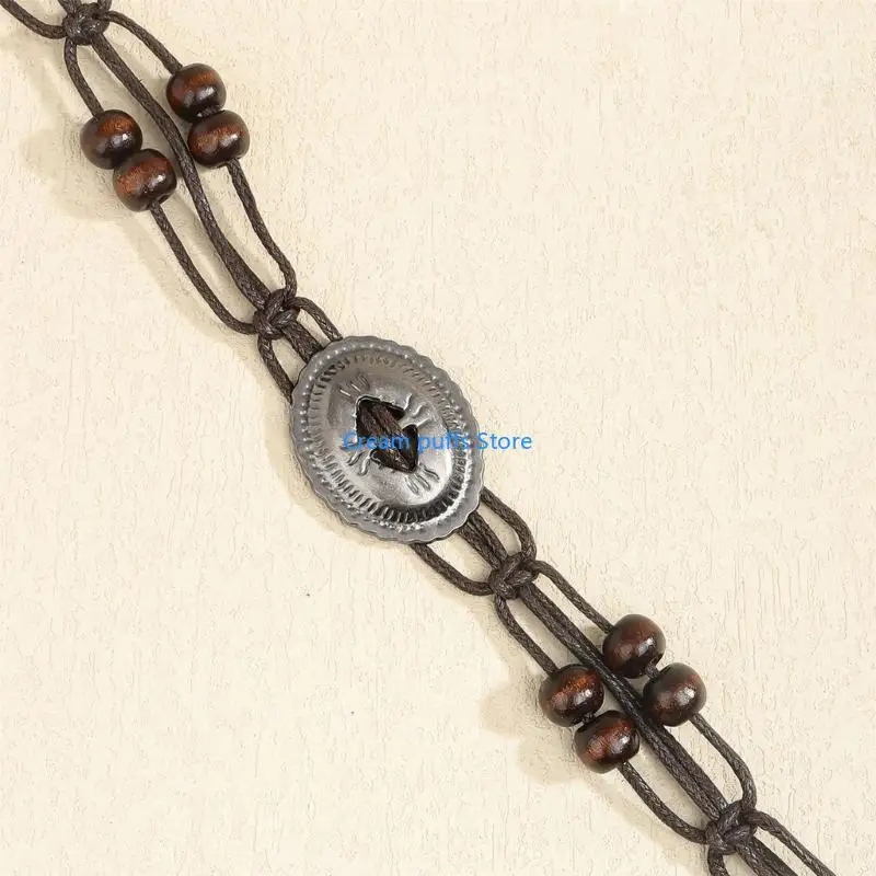 50LE Braided Brown Beaded Belt Chain Unisex Body Jewelry For Layering Outfits Wax Rope Ethnic