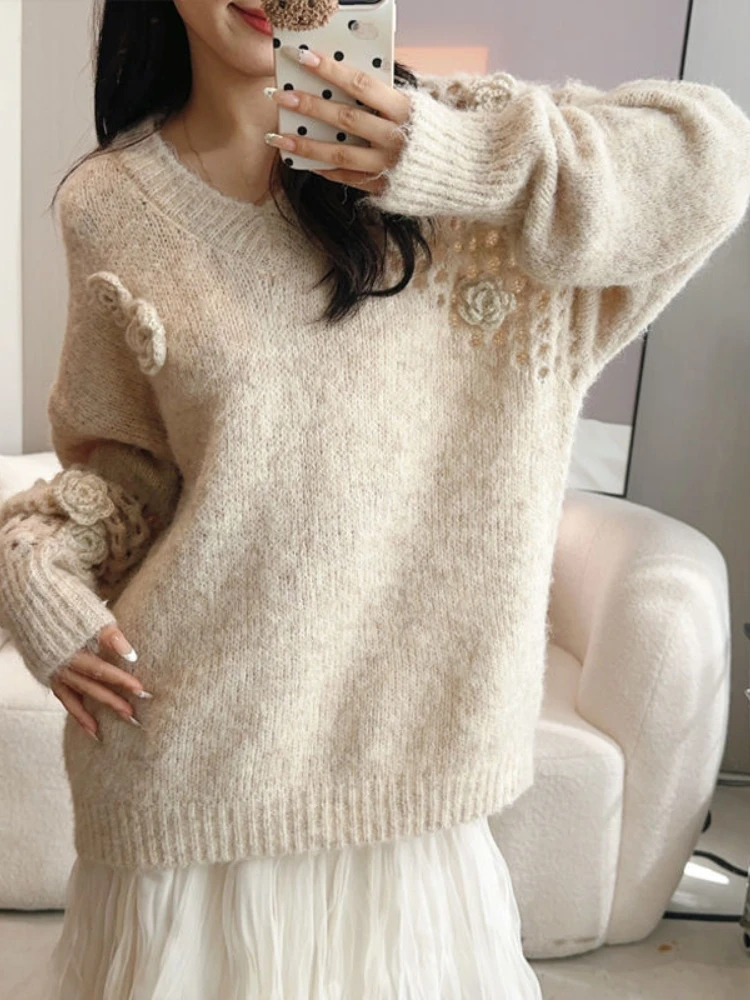 Fashion Vintage Sweaters V Neck Long Sleeve Solid Color Flower Patchwork Hollow Out Pullovers Casual Loose 2024 Women's Clothing